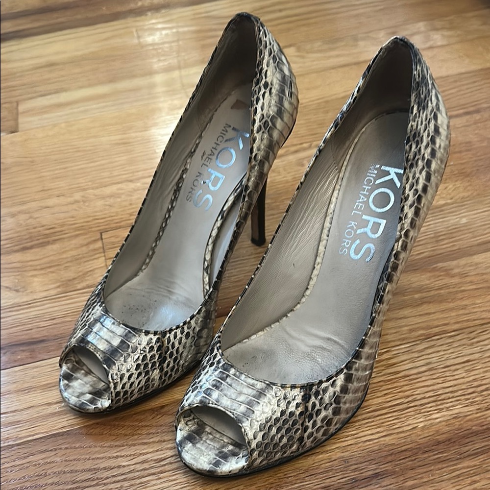 KORS by Michael Kors Cream & Brown Peep Toe Heels